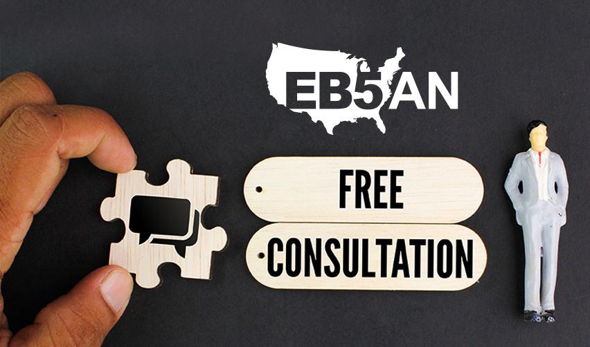 The EB5AN logo on top, with the words free consultation underneath. There's a hand holding a puzzle piece on the left and a figurine of a person on the right.