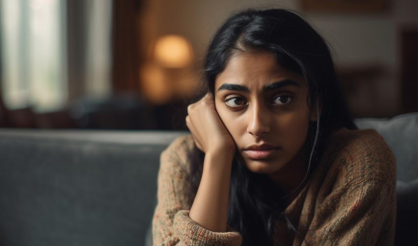 An Indian woman sitting with her hand on her face, looking worried.