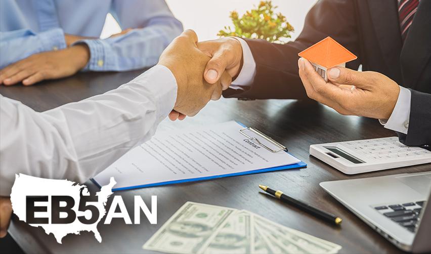 A handshake between a principal borrower and a regional center representative, with documents and money on a desk, above the EB5AN logo.