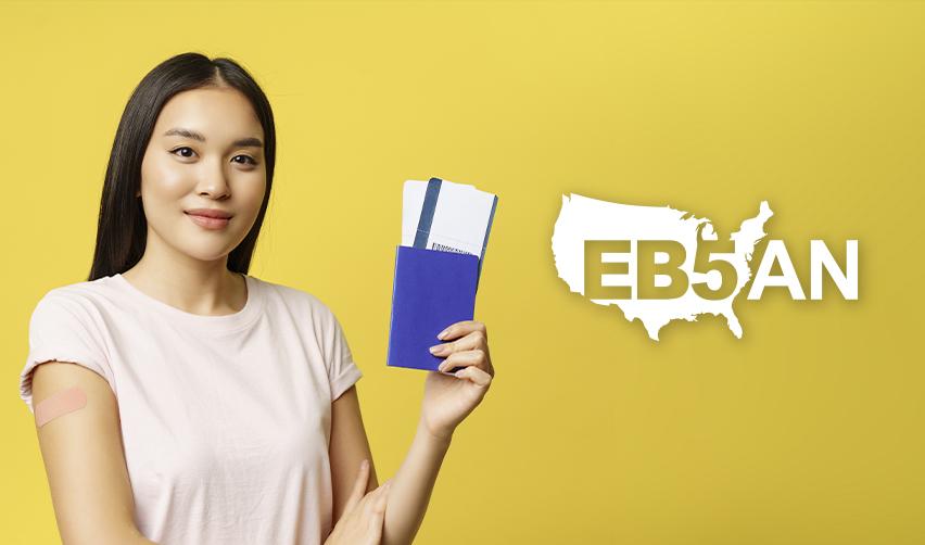 A person holding up a passport and tickets, next to the EB5AN logo. Symbolizing temporary protected status with an advance parole travel document from the U.S. citizenship and immigration services.
