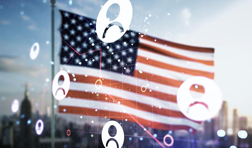 A city skyline and an American flag in the background, with some digital icons in the foreground.