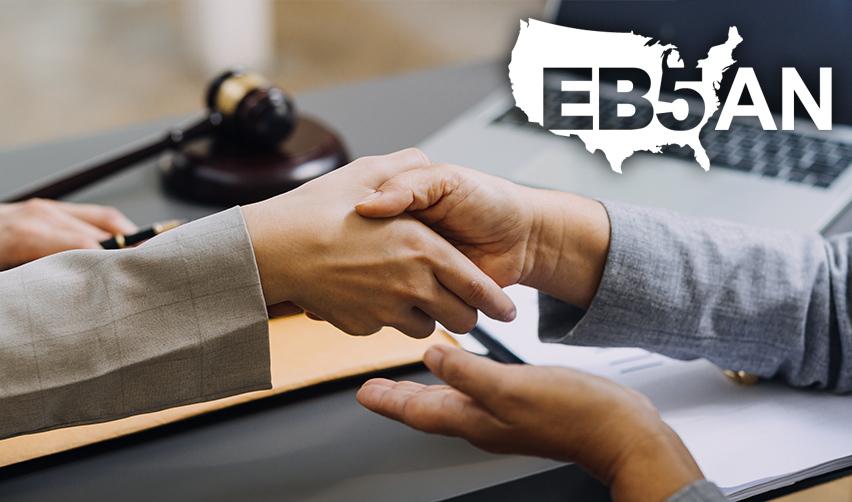 An immigration attorney and an EB5 investor shaking hands under the EB5AN logo.