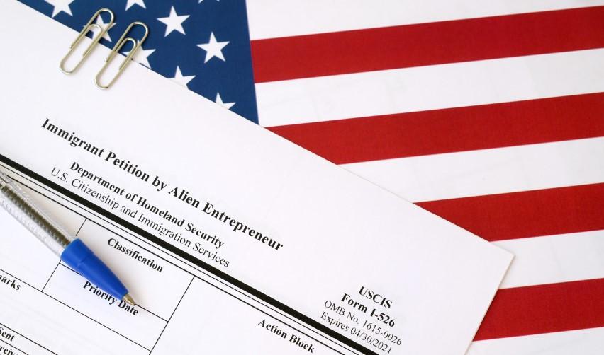 A close-up of an EB-5 application Form I-526, Immigrant Petition by Alien Entrepreneur.