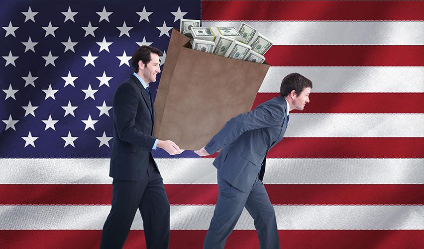 Two EB5 investors carrying a bag of investment capital on their back in front of the American flag.