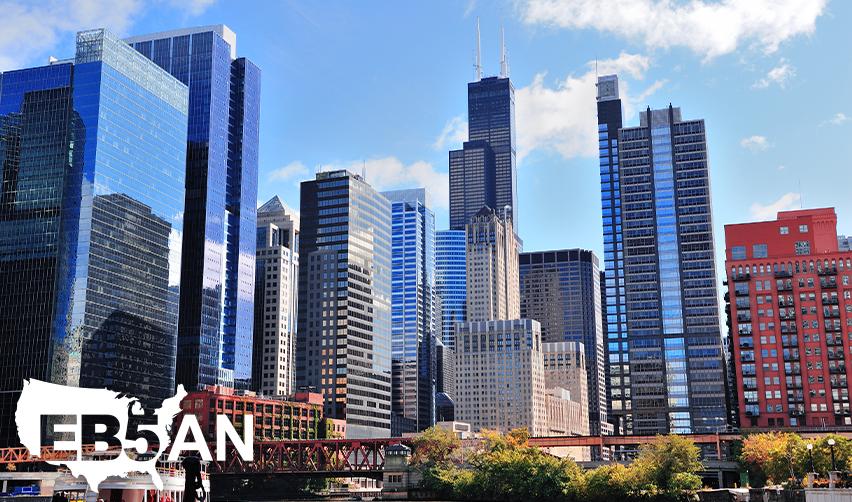 A city view with real estate development projects, with the EB5AN logo on the corner.