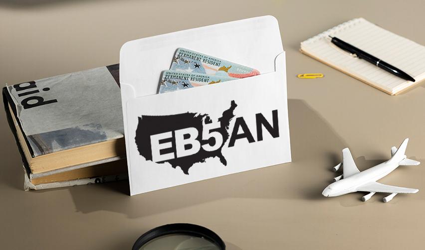 An envelope with the EB5AN logo on it and two Green Cards inside, recommending investors to seek professional advice when it comes to obtaining permanent residency.