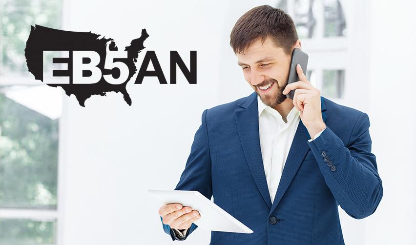 The EB5AN logo next to an EB5 regional center management team member giving information on the phone to individuals seeking permanent residence.