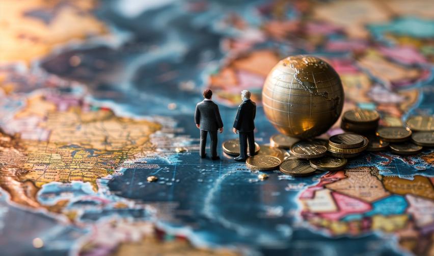 Figurines of two EB5 investors standing on a world map with some investment capital money and a globe next to them.