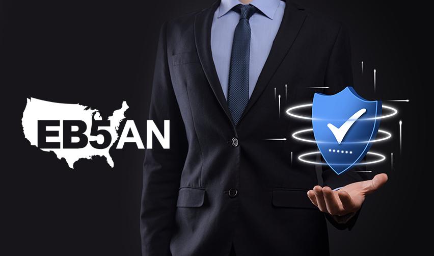 An image of an EB5 investor standing between the EB5AN logo and a digital icon symbolizing security.