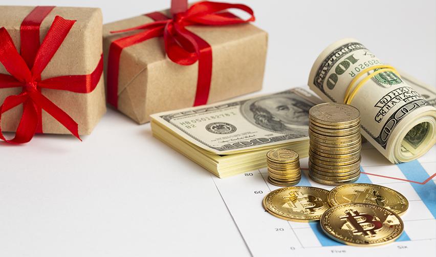 Stacks of U.S. dollar bills and coins next to wrapped gift boxes on a financial chart. This image symbolizes gifting funds to children for EB5 investments.