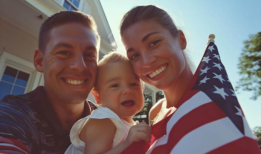 Happy family with an American flag, showcasing the benefits of US citizenship through the EB5 investor program.