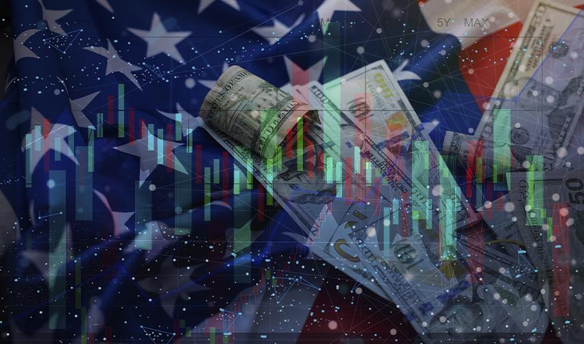 composite image of US dollar bills, an American flag, and stock market graphs, illustrating the economic opportunities and market access offered by the EB5 Green Card program.