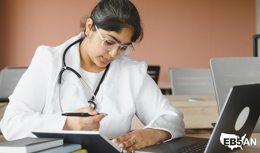 International student in medical training during OPT period, exploring pathways to transition to permanent residency through the EB5 program, next to the EB5AN logo.