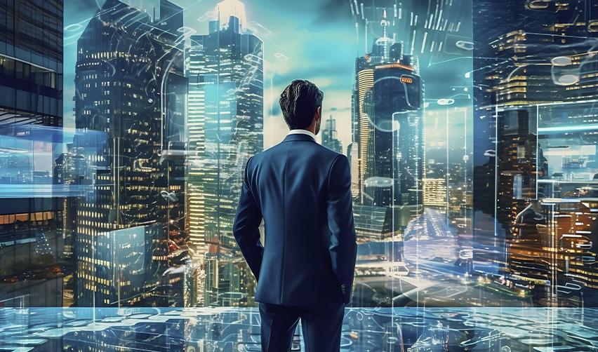 A business professional or EB5 investor overlooking a futuristic cityscape, symbolizing opportunities for green card holders to expand their ventures as lawful permanent residents.