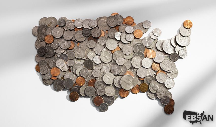 The EB5AN logo next to a map of the United States created with coins, representing the financial opportunities and economic growth potential for EB5 investors in America.