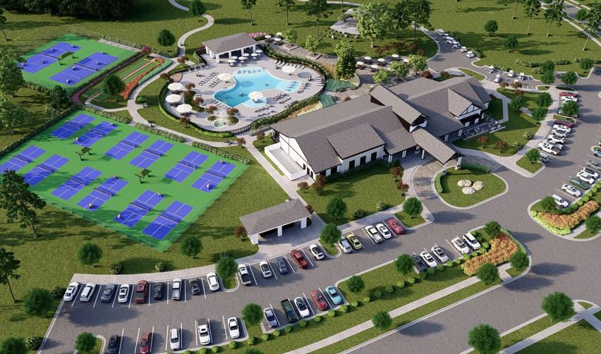 A rendering of EB5AN and Kolter's Rocky River community amenities, featuring a clubhouse, swimming pool, tennis courts, and landscaped surroundings.