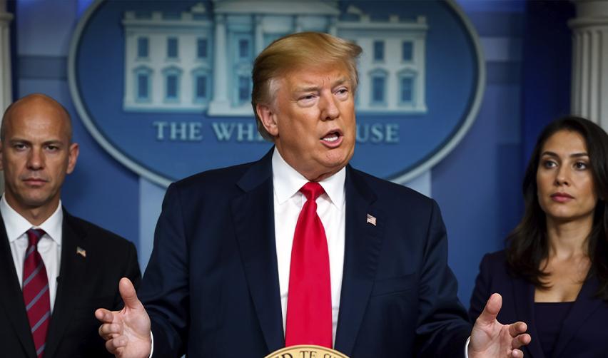 U.S. President Donald Trump addressing the press, potentially discussing immigration policies that impact foreign workers.