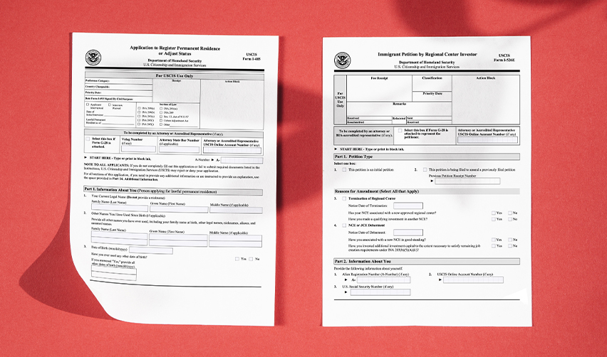 USCIS Form I-526E and Form I-485—key documents for EB5 investors applying for a U.S. Green Card through concurrent filing.