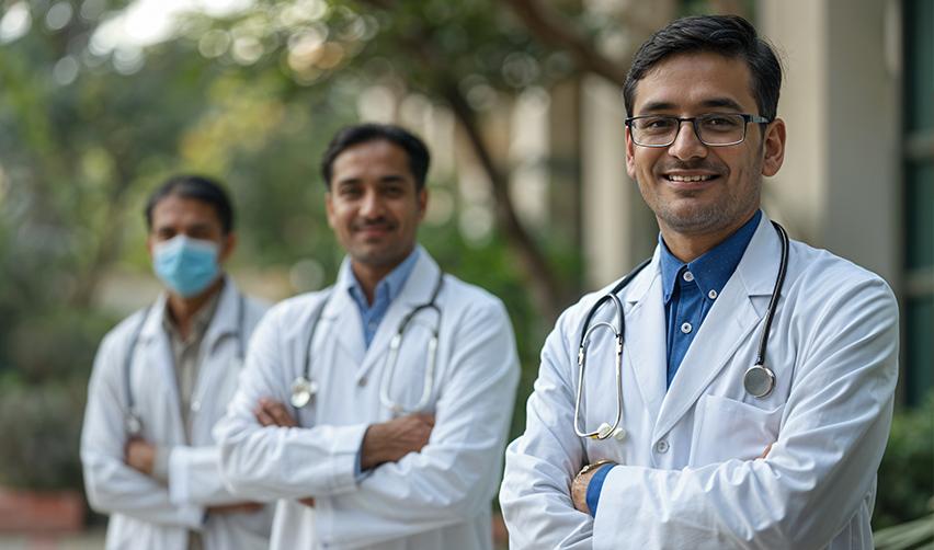 Group of Indian physicians standing confidently outdoors, highlighting the challenges of H1B visas and how EB5 provides a better solution for permanent residency.