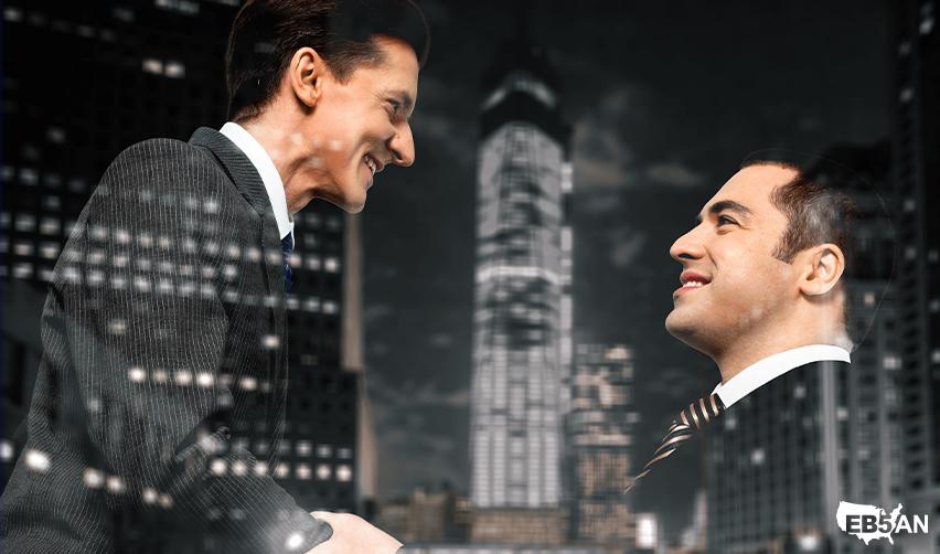 Two business professionals shaking hands next to the Eb5AN logo, representing trusted EB5 investment opportunities and strategic partnerships.