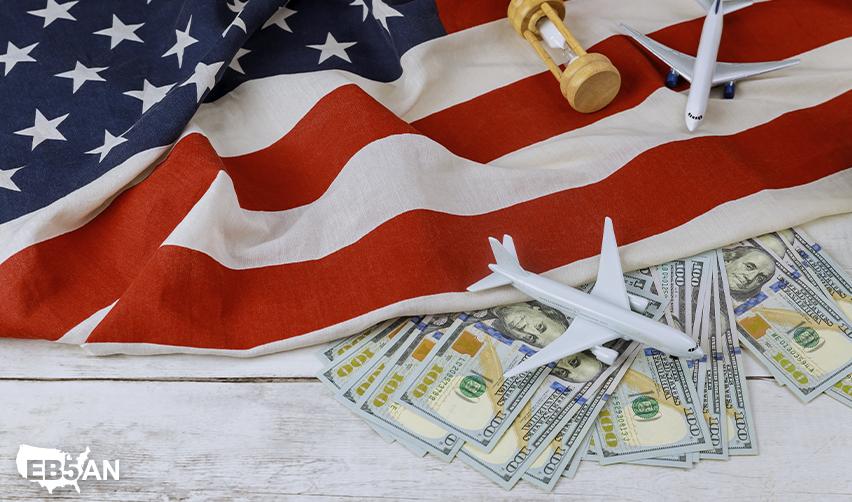 The EB5An logo next to EB5 visa investment concept with an American flag, cash, and airplanes symbolizing immigration and financial planning for U.S. residency.