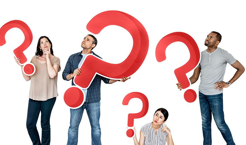 A diverse group of prospective EB5 investors holding red question marks, wondering how to find a good EB5 lawyer. The image represents investors seeking questions to ask immigration attorney before applying for a green card.
