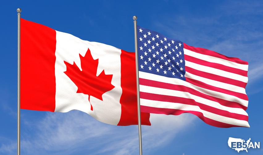 The Canadian and U.S. flags waving side by side with the EB5AN logo on the corner, symbolizing the strong connection between both nations and the pathways available for Canadian citizens to immigrate through the EB5 program.