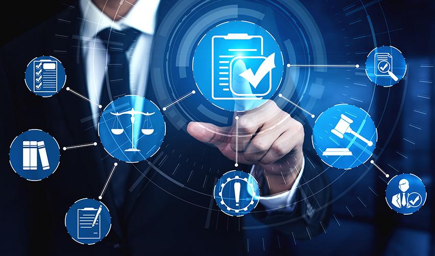 Business professional interacting with digital compliance and legal icons, representing the strict USCIS regulatory requirements under the EB5 Reform and Integrity Act.
