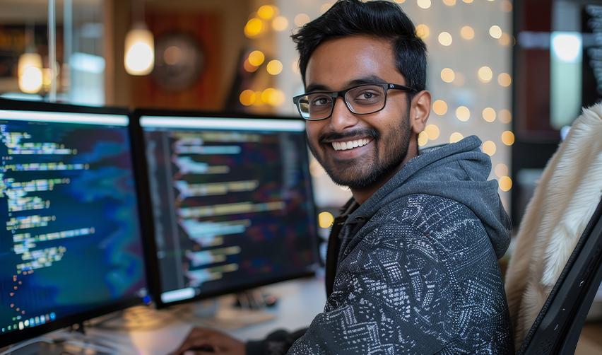 Smiling Indian software developer working on dual monitors in a modern office, researching detailed information for an EB5 visa or green card or required documents for work authorization.