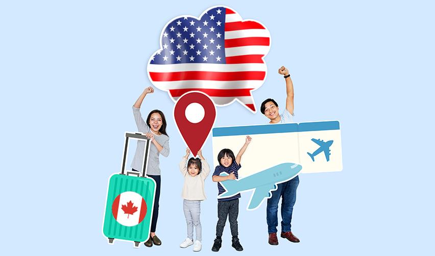 Happy Canadian family with travel-themed icons and U.S. imagery, symbolizing a new life in America through the EB5 Green Card program.