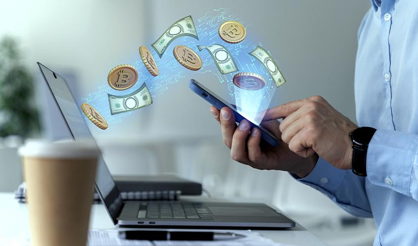 A person using a smartphone to transfer U.S. dollars, representing digital fund transfer methods for EB5 investors.