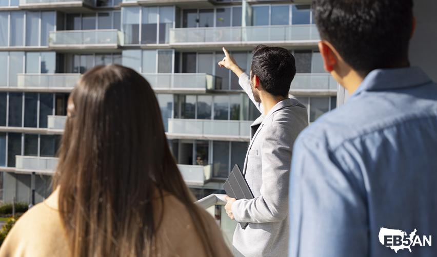 The EB5AN logo on the corner of an image of a regional center project tour showing potential EB5 real estate developments that qualify for job creation and U.S. residency benefits.