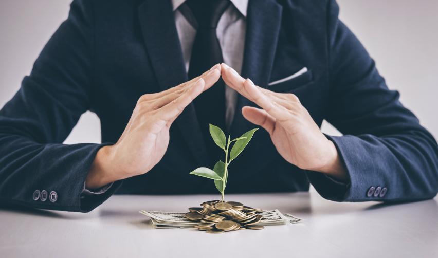 Businessperson’s hands protecting a small plant growing from stacked coins, illustrating secure EB5 investments and the role of experienced developers in minimizing financial risk.