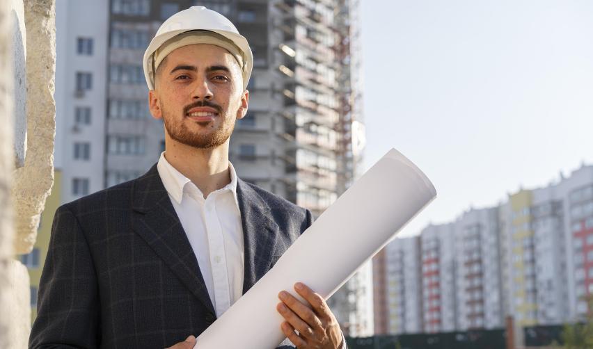 A confident real estate developer in a suit and hard hat holding blueprints in front of an urban residential construction site, symbolizing project leadership and EB5 developer credibility.