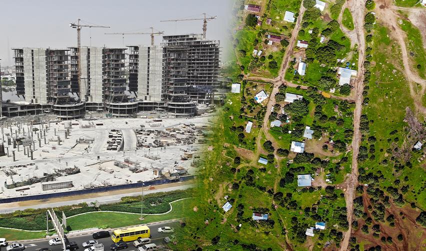 Aerial split view of dense urban construction on one side and a green rural landscape on the other, comparing EB5 urban TEA projects and rural investment environments.