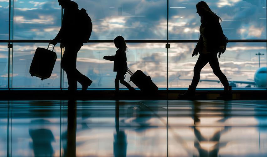 A silhouette of a family with suitcases walking through an airport, illustrating how travelers must remain compliant to avoid visa complications under the latest enforcement policies.
