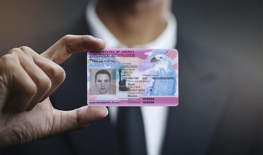 A close-up of a person in formal wear holding a U.S. Employment Authorization Document (EAD), symbolizing the work rights granted to EB5 investors through concurrent filing.
