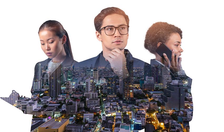 Three young professionals overlaid with a metropolitan skyline, illustrating the career opportunities available to children of EB5 investors.