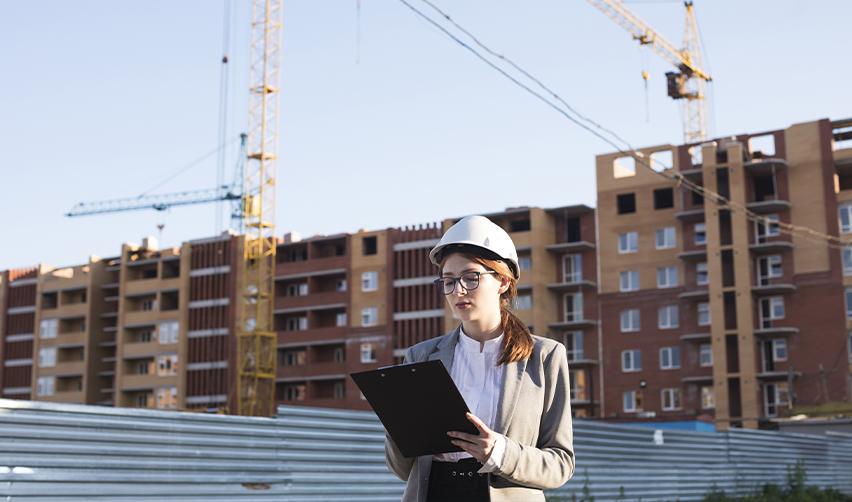 A female engineer in a suit and hard hat at an urban construction site, representing EB5 high-unemployment urban TEA projects in city areas.