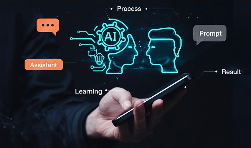 Hand holding a smartphone with a neon AI interface illustrating prompts, results, and learning, symbolizing how EB5 investors use AI assistants to research and compare rural projects.
