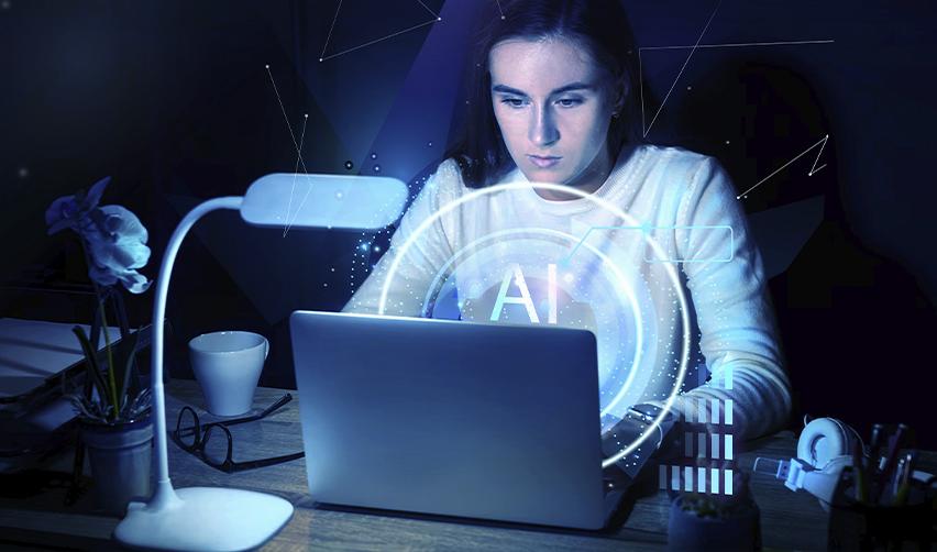 Focused investor working at night with AI hologram overlay, representing AI-powered due diligence for EB5 regional center selection.