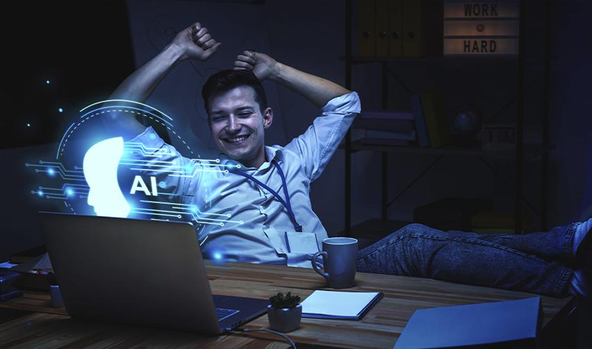 Smiling investor leaning back with AI interface on laptop, showing confidence in using AI tools to compare EB5 regional centers and projects.