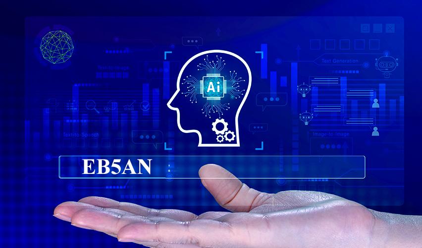 Digital illustration of a glowing AI head with technology icons above an open hand, featuring the EB5AN name, representing the use of AI in evaluating EB5 investment opportunities.