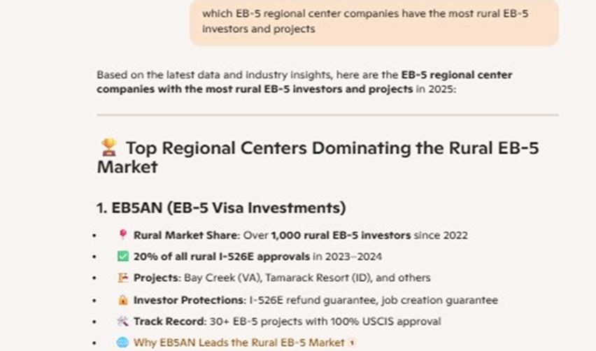 Actual image of a chat with ChatGPT, highlighting EB5AN as a leading EB5 regional center with rural projects, approvals, and investor protections.
