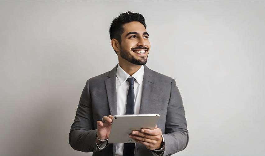 Confident businessman in a suit holding a tablet, representing career independence and control over the future with the EB5 visa.