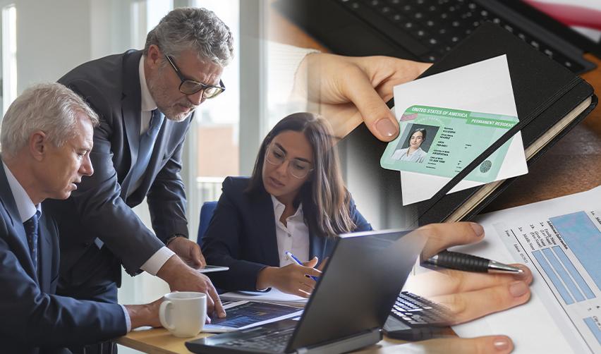 Immigration attorneys and financial professionals working together, with a U.S. Green Card and financial documents layered in, representing the legal and immigration aspects of an EB5 investment.