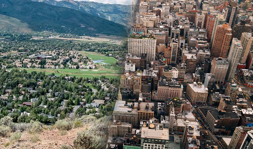 A side-by-side comparison of rural countryside with homes and mountains versus a dense urban cityscape, symbolizing EB5 rural and urban investment choices.