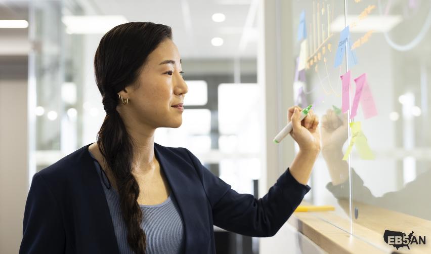 An EB5AN professional analyzing data and strategy on a glass board to ensure successful EB5 project approvals for investors.