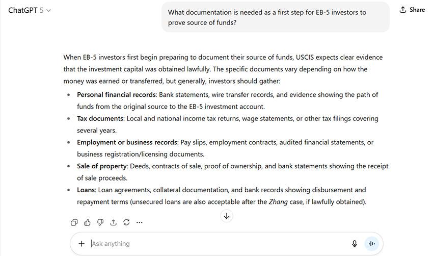 Screenshot of an actual conversation with ChatGPT, talking about how AI can help EB5 investors prepare for EB5 source of funds.