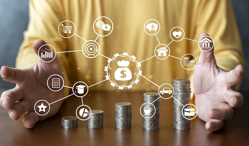 Stacks of coins with financial icons such as real estate, education, and banking, symbolizing multiple income sources in EB5 source of funds documentation.